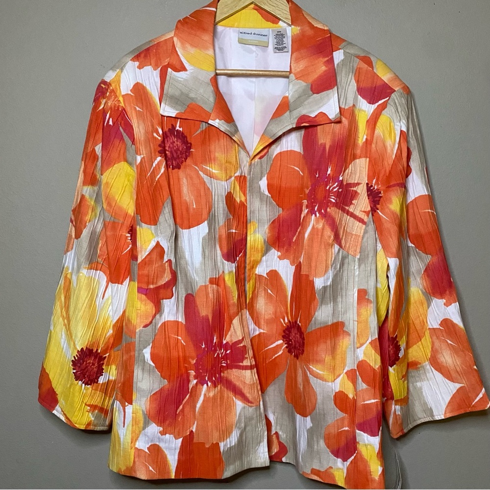 Alfred Dunner Tuscan Sunset Open Front Jacket Women 24W Orange Yellow Floral New